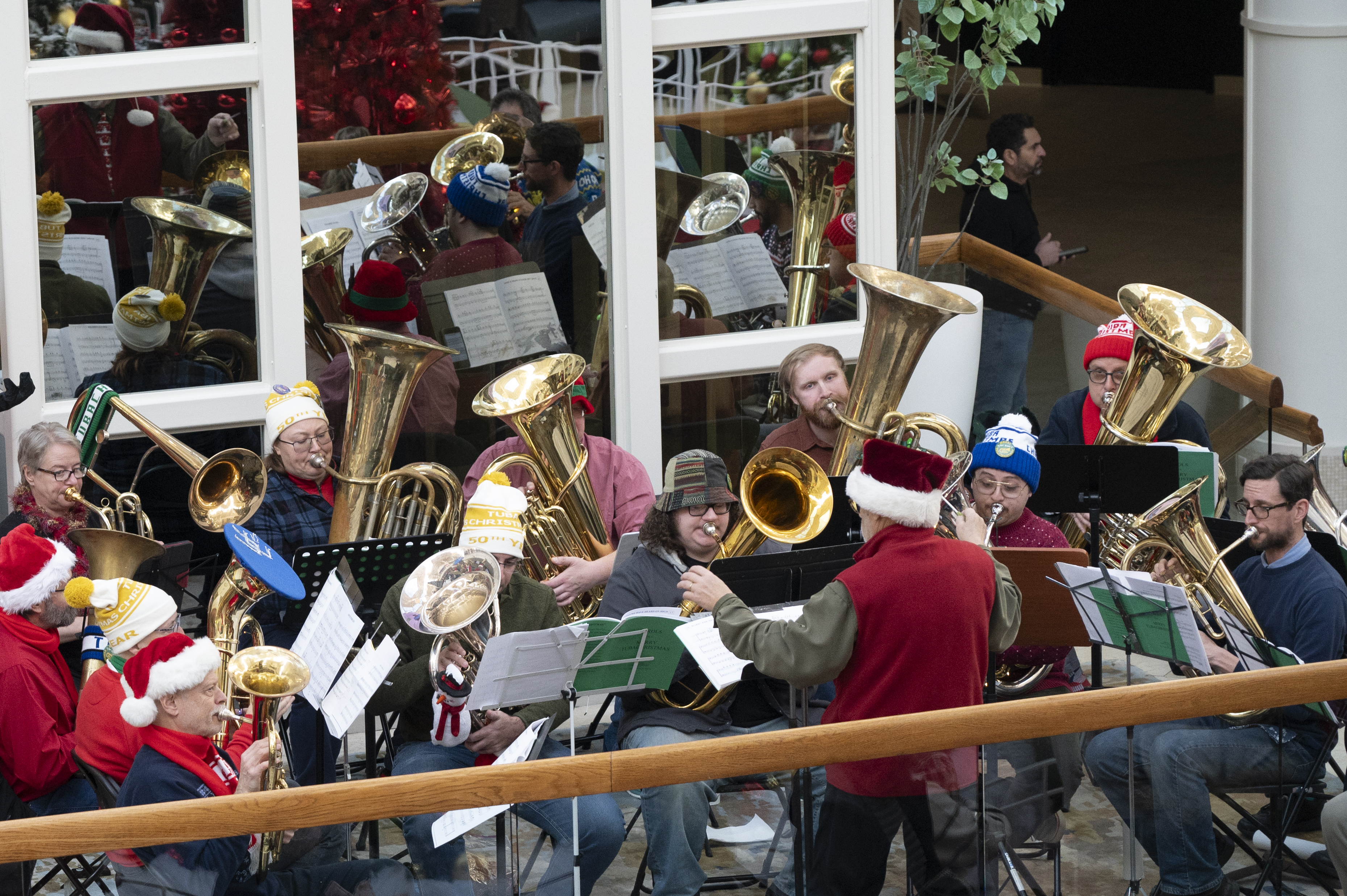 group of tuba plays during concert