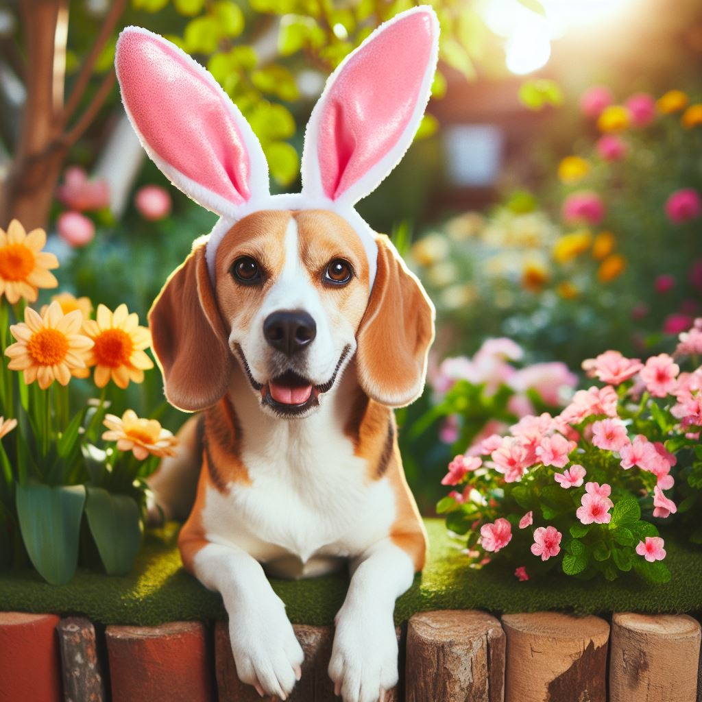 Beagle wearing bunny ears in sitting in flowers