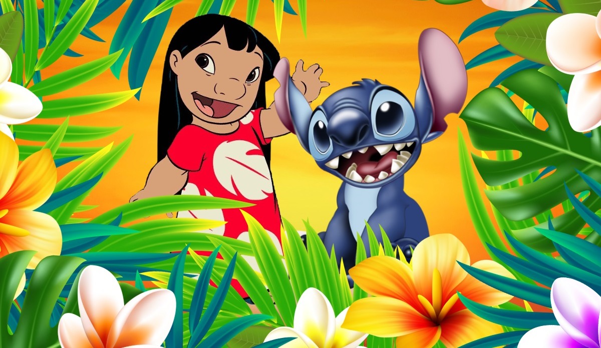 Little girl and blue character surrounding by flowers
