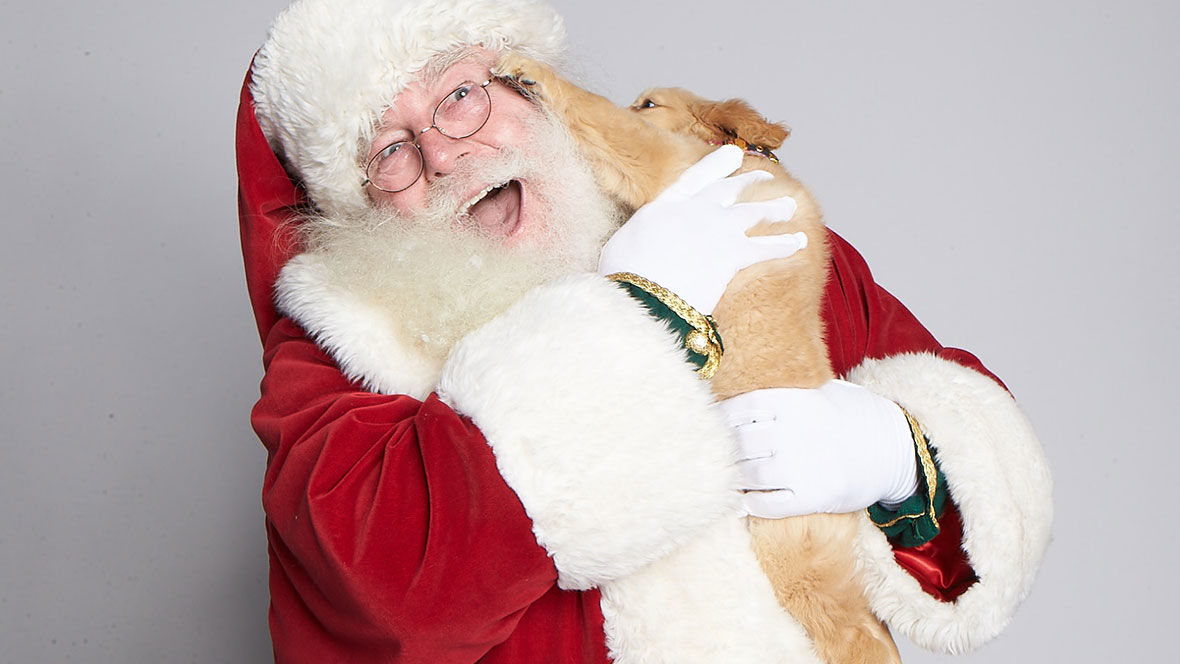 Santa hugging a puppy