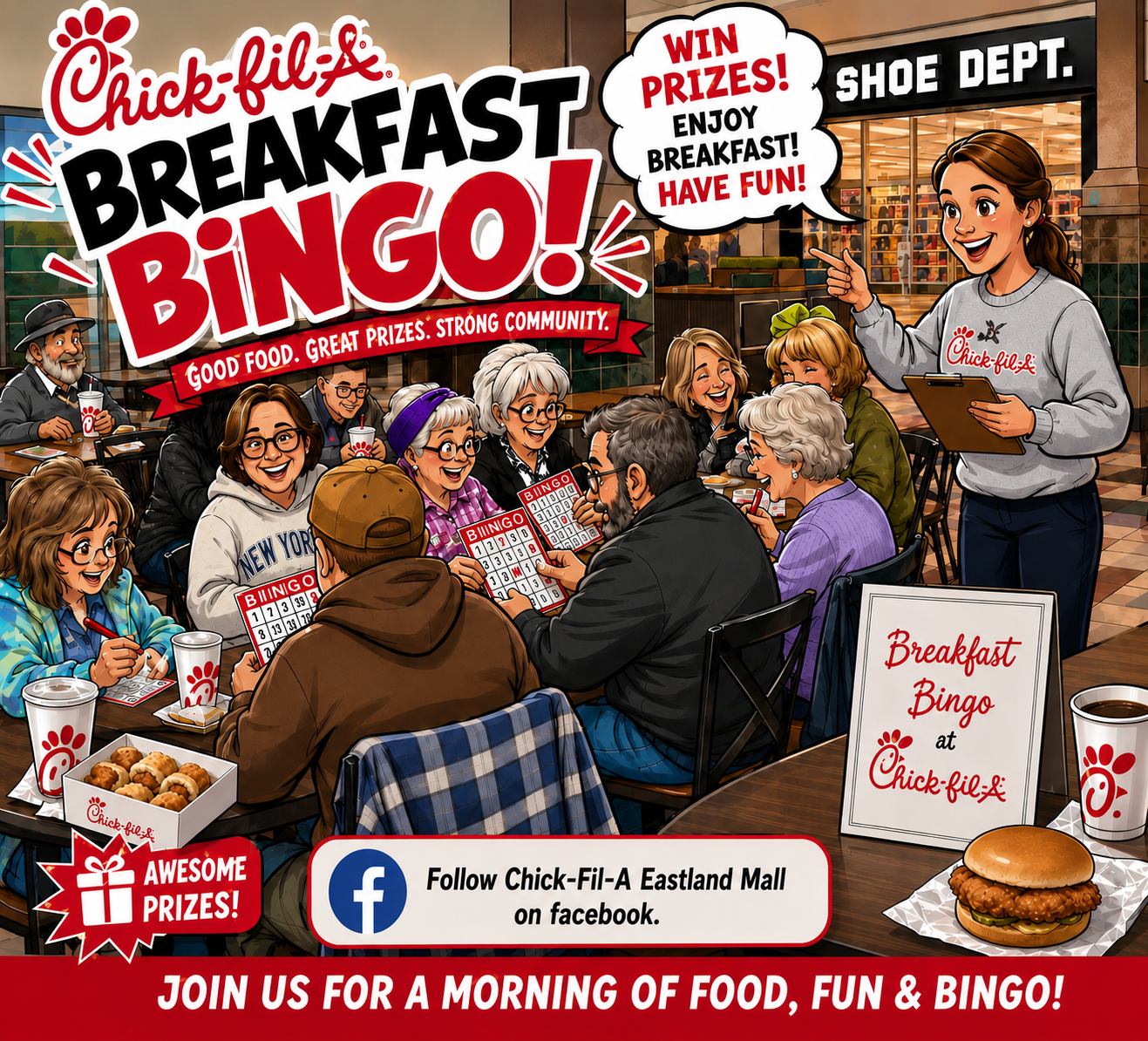 Illustrated promotional graphic for Chick-fil-A Breakfast Bingo featuring a lively group of adults and seniors gathered in a mall food court playing bingo while enjoying Chick-fil-A breakfast items. Large text reads “Chick-fil-A Breakfast Bingo!” with additional callouts including “Win Prizes! Enjoy Breakfast! Have Fun!” and “Awesome Prizes!” A Chick-fil-A team member stands smiling with a clipboard as guests laugh and play bingo together.  