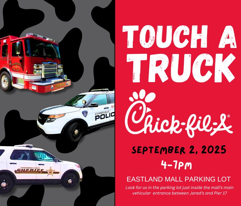 Advertisement for Touch A Truck Event showing a fire truck, a police car and a sheriffs vehicle. 