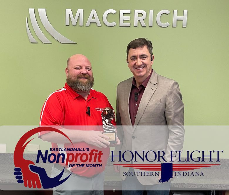 Honor Flight of Southern Indiana and Nonprofit of the Month logo with Mike Free and Sean Ferguson pictured. 