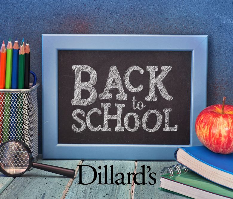 Back to School graphic with pencils two notebooks, a magnifying glass, a red apple and a mini chalk board.