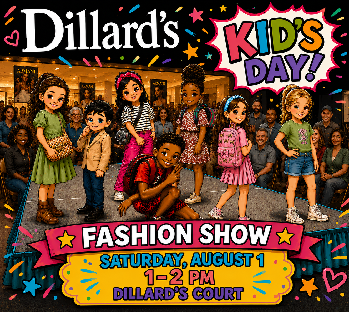 Colorful promotional graphic for Dillard’s Kids Day Fashion Show featuring children modeling clothing and accessories on a runway inside Dillard’s while a large crowd watches and applauds. The image includes bright confetti-style graphics and bold text reading “Dillard’s Kids Day!” and “Fashion Show.” Event details at the bottom state: “Saturday, August 1, 1–2 PM, Dillard’s Court.”  