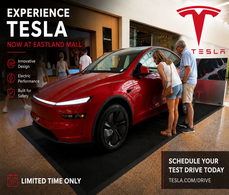 Tesla display inside Eastland Mall 