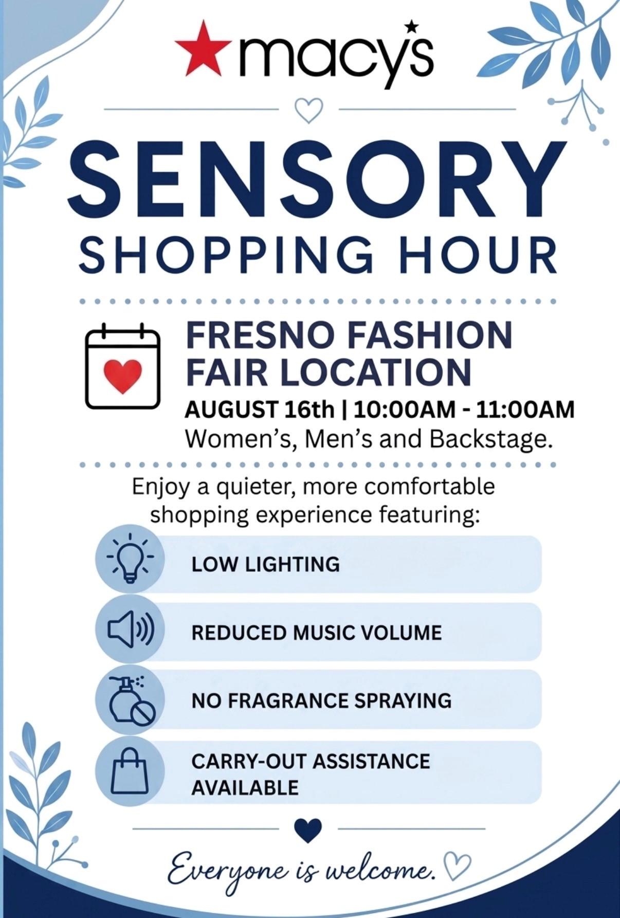 A flyer in blue and white print with small retail graphics
