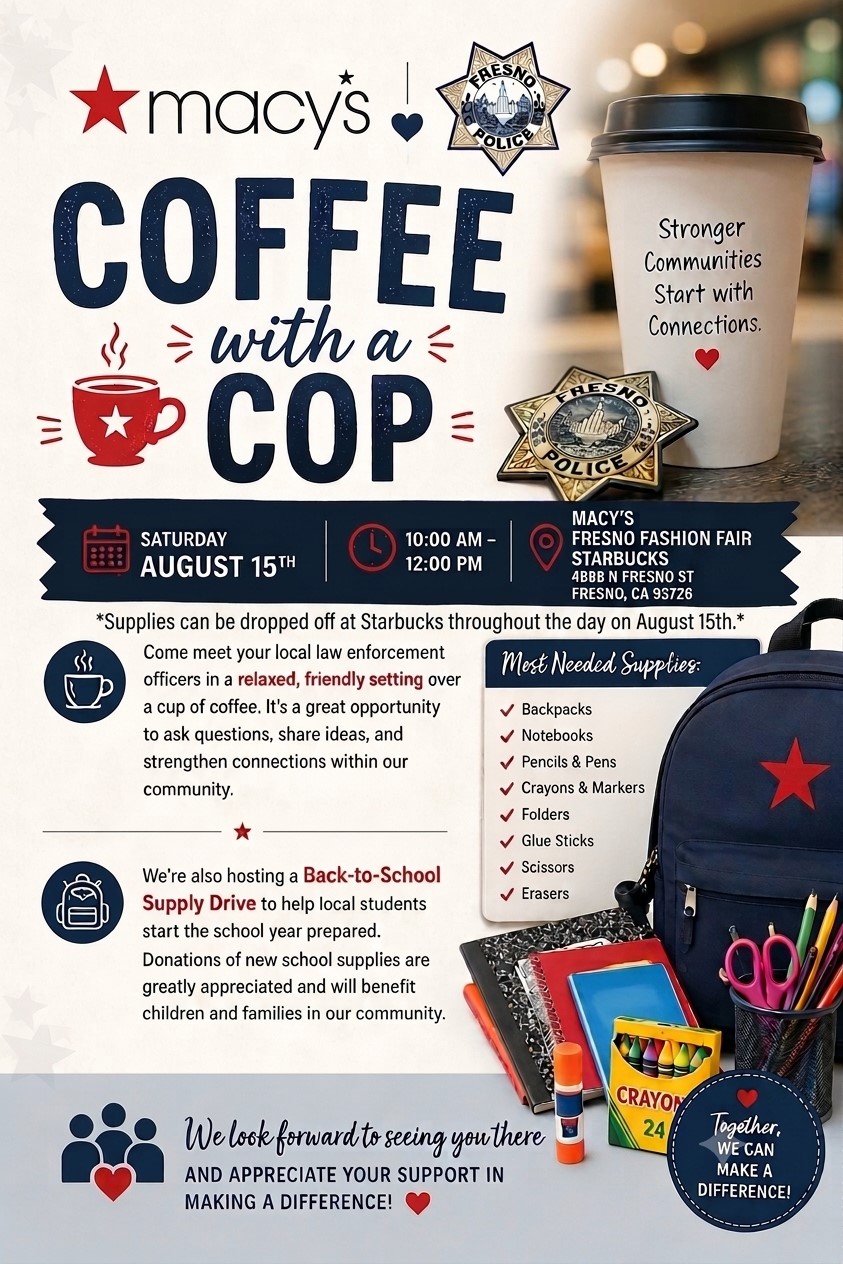 A flyer showing a backpack and school supplies, plus a cup of coffee. 