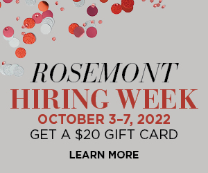Graphic with red, pink and white confetti.  Copy says Rosemont Hiring Week October 3-7, 2022. Get a $20 gift card and learn more.  