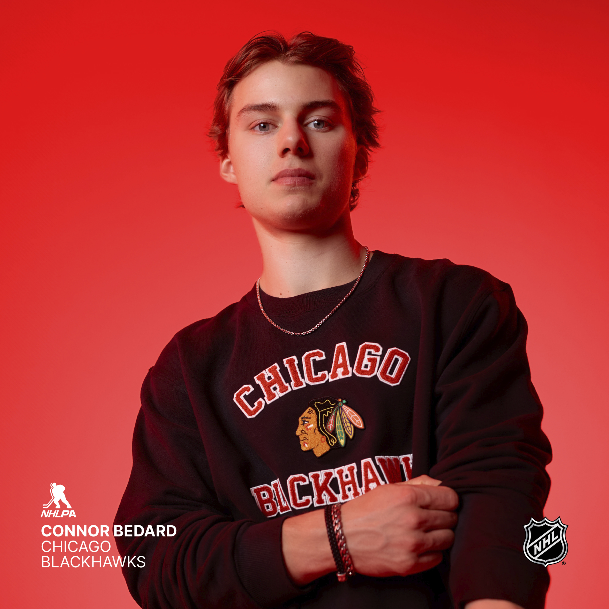 Connor Bedard from the Chicago Blackhawks wearing a sweatshirt from the new Lululemon and Fanatics colab. 