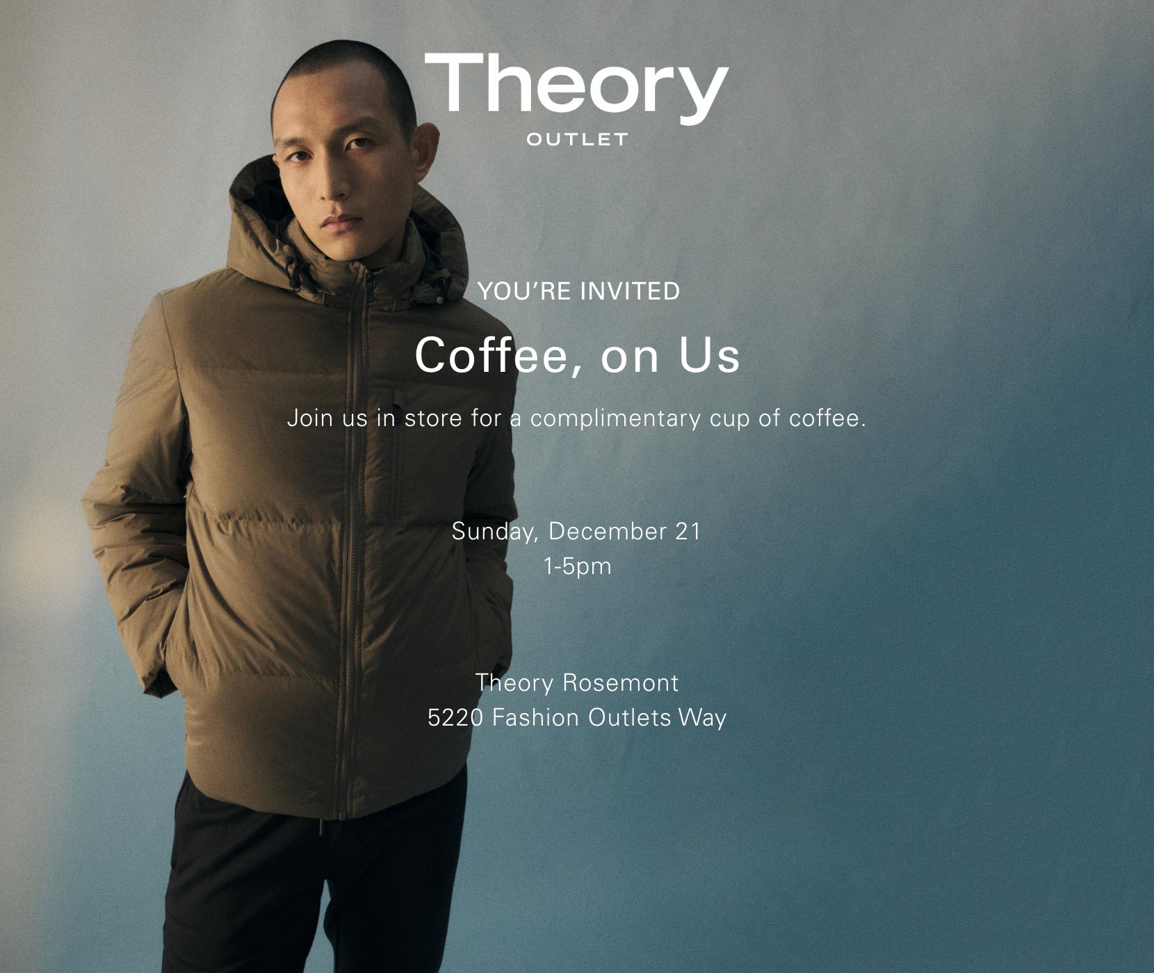 Man wearing a Theory puffer jacket and black pants in front of a blue background with the event details typed out. 