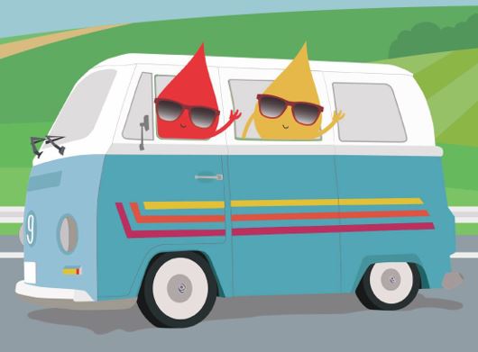 Cartoon graphic of drops of blood with sunglasses on riding in a van