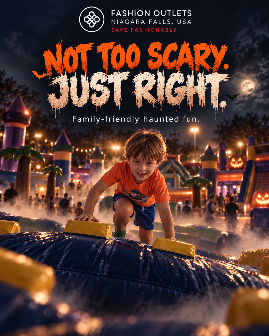 Child in a bounce house attraction.  Not too scary. Just right. Family-friendly haunted fun.