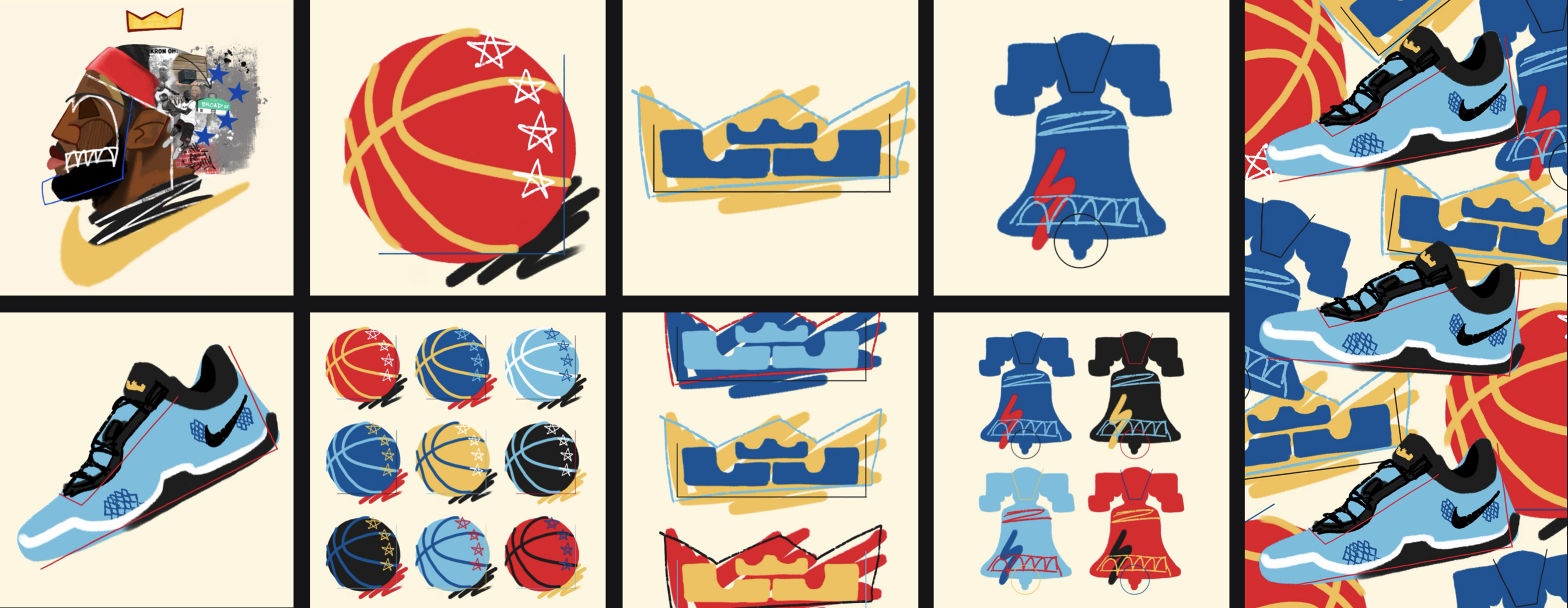 Grid of hand-drawn illustrations in blue, red, gold, and black on cream: a stylized portrait with a crown and Nike swoosh, basketballs, crowns, Liberty Bells, and a light-blue sneaker, with a repeating collage pattern along the right side.