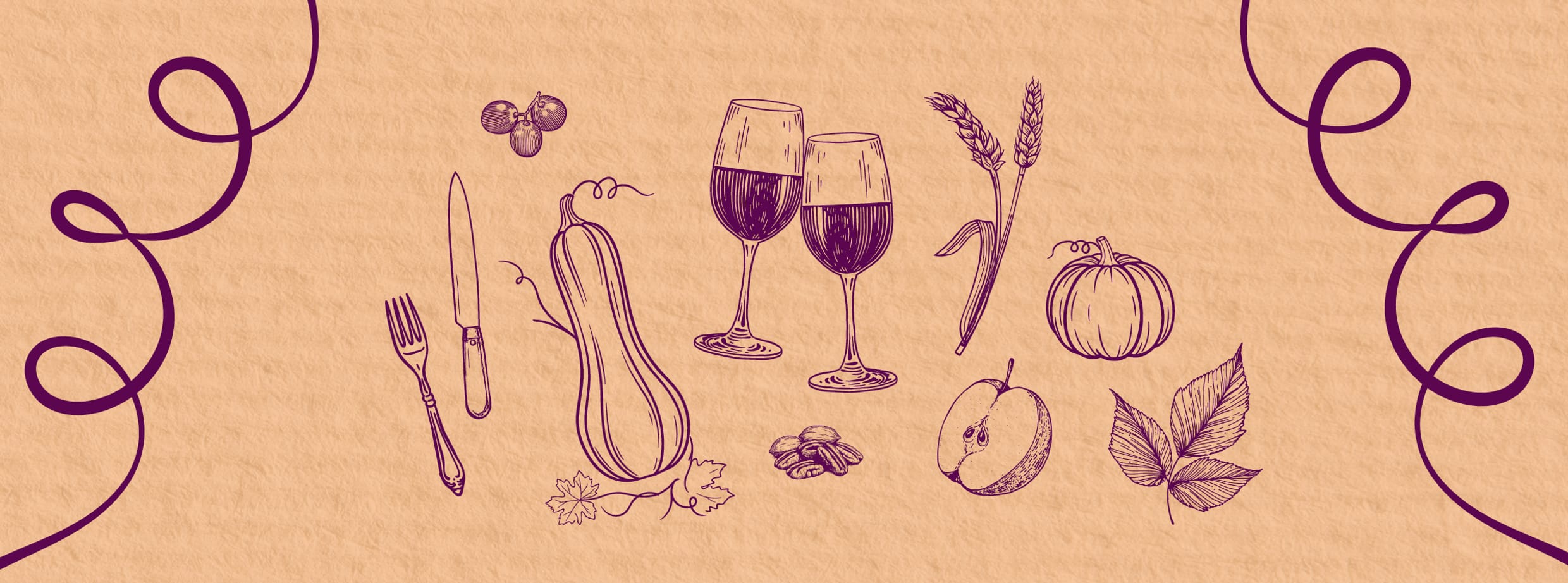 Illustrated invitation for the Chef & Winemaker Dinner at City Winery, featuring hand-drawn sketches of peach, corn, wine, tomatoes and silverware. 