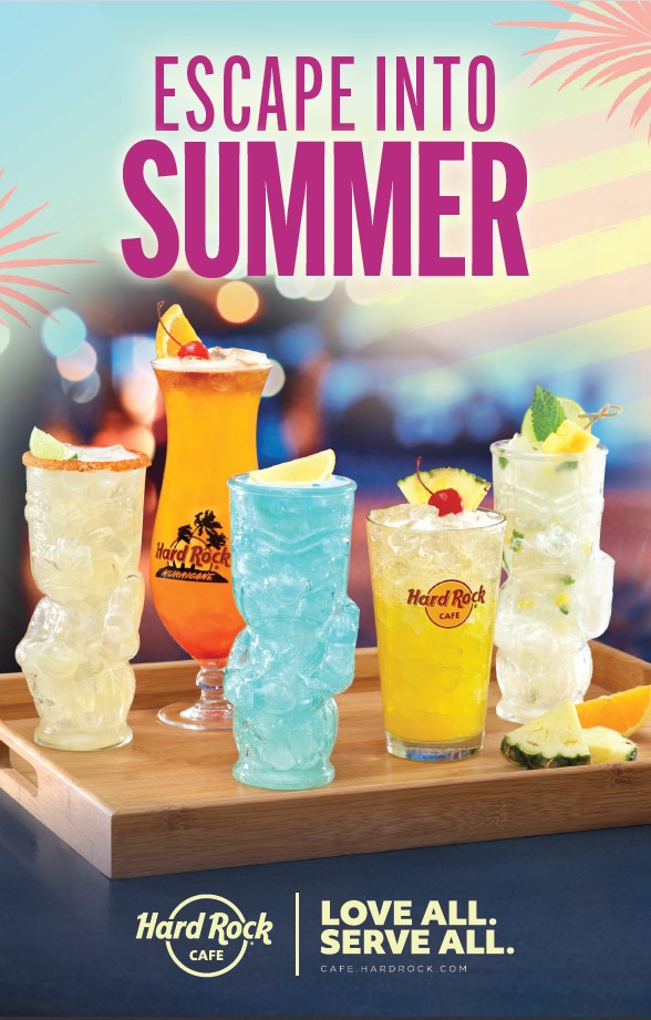 Hard rock summer menu with featured cocktails and glasses