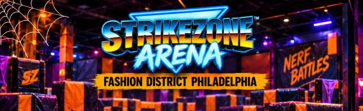Halloween flyer for Strike Zone Arena’s Family Night Halloween Party in Fashion District Philadelphia. Sunday, October 25, 12 PM to 6 PM. $10 entry, all ages welcome, with Nerf battles, music, and costumes encouraged.