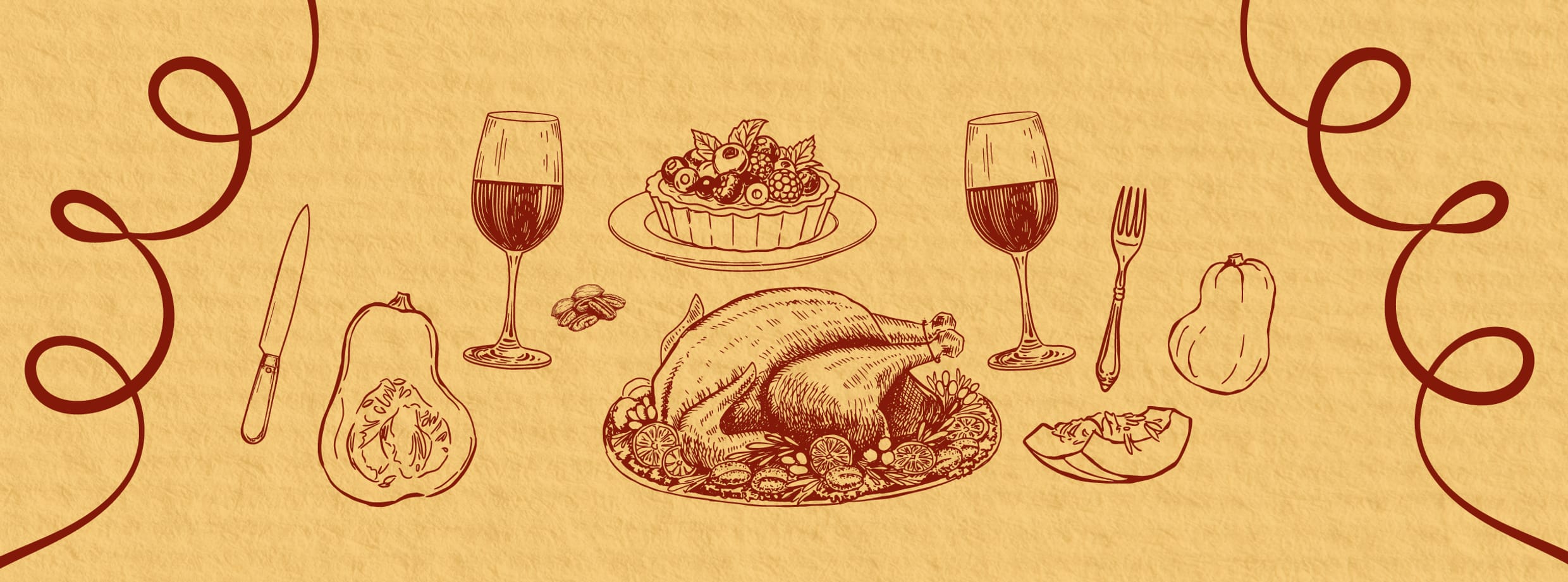 Illustrated invitation for the Chef & Winemaker Dinner at City Winery, featuring hand-drawn sketches of peach, corn, wine, tomatoes and silverware. 