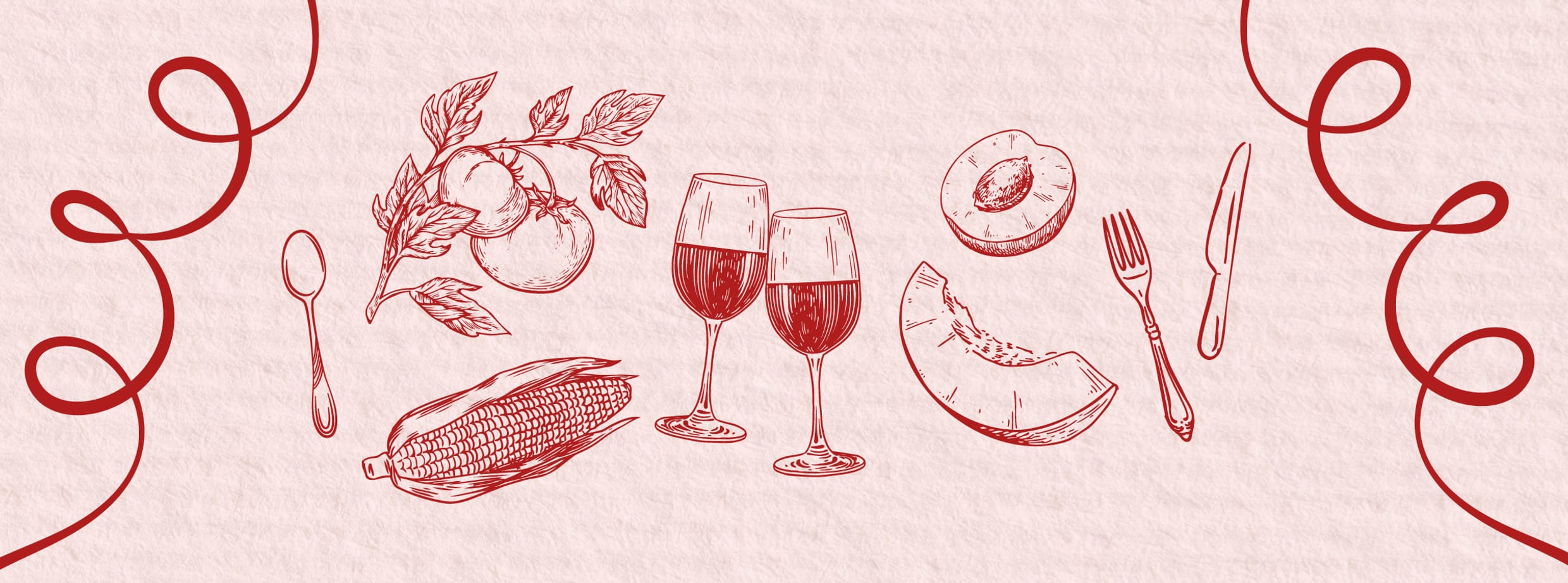Illustrated invitation for the Chef & Winemaker Dinner at City Winery, featuring hand-drawn sketches of peach, corn, wine, tomatoes and silverware. 
