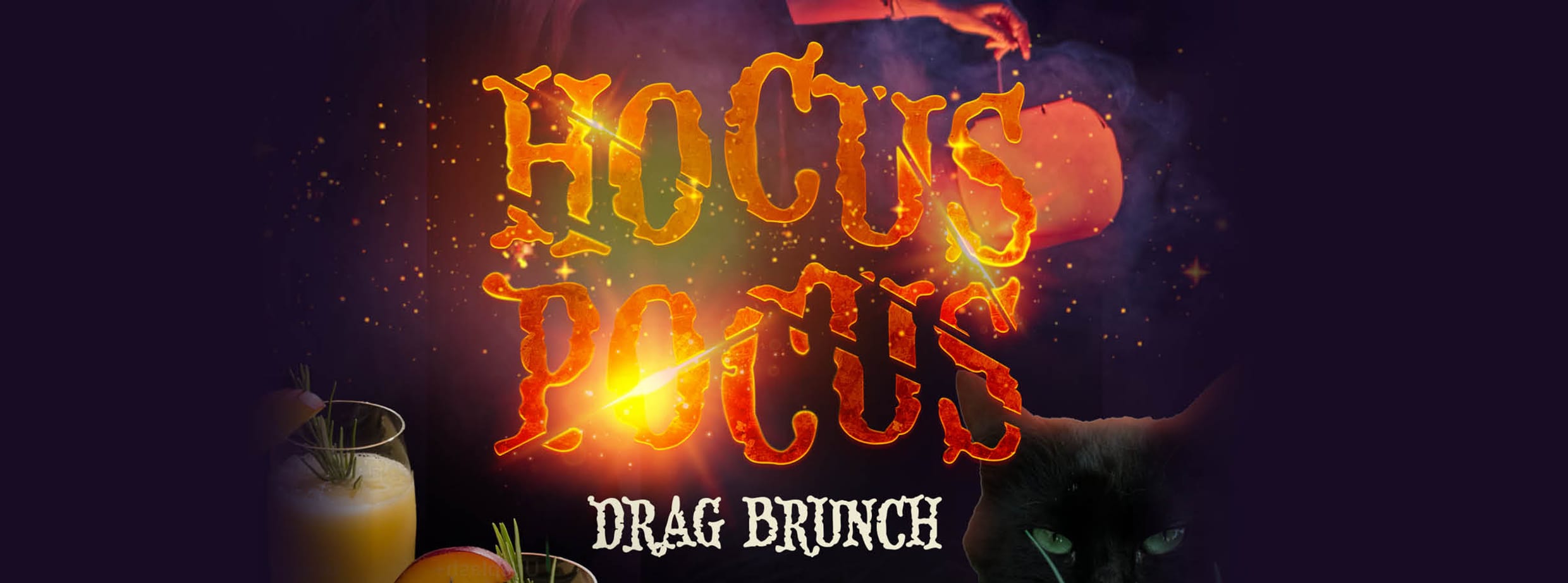 Promotional banner for “Hocus Pocus Drag Brunch” featuring fiery glowing title text over a dark purple magical background, with a black cat, a cauldron, and brunch cocktails garnished with rosemary.