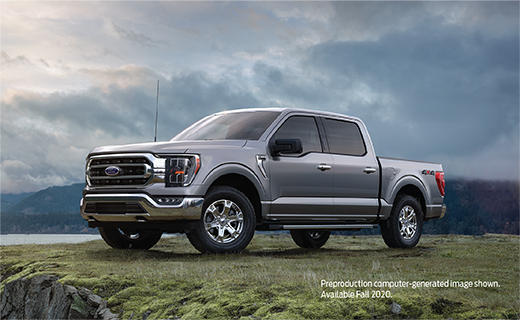Ford truck in mountains. Text reads: Preproduction computer-generate image shown. Available Fall 2020