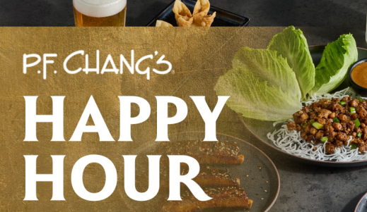 Plated food and beer with gold background and white text overlay. Copy reads "P.F. Chang's Happy Hour".