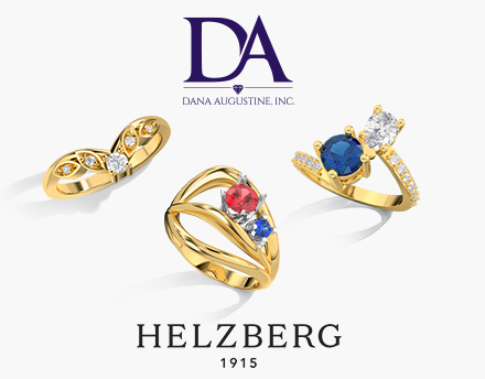 Promotional image featuring three gold rings with colorful gemstones and diamond accents, displayed alongside the Dana Augustine, Inc. and Helzberg logos on a light gray background.