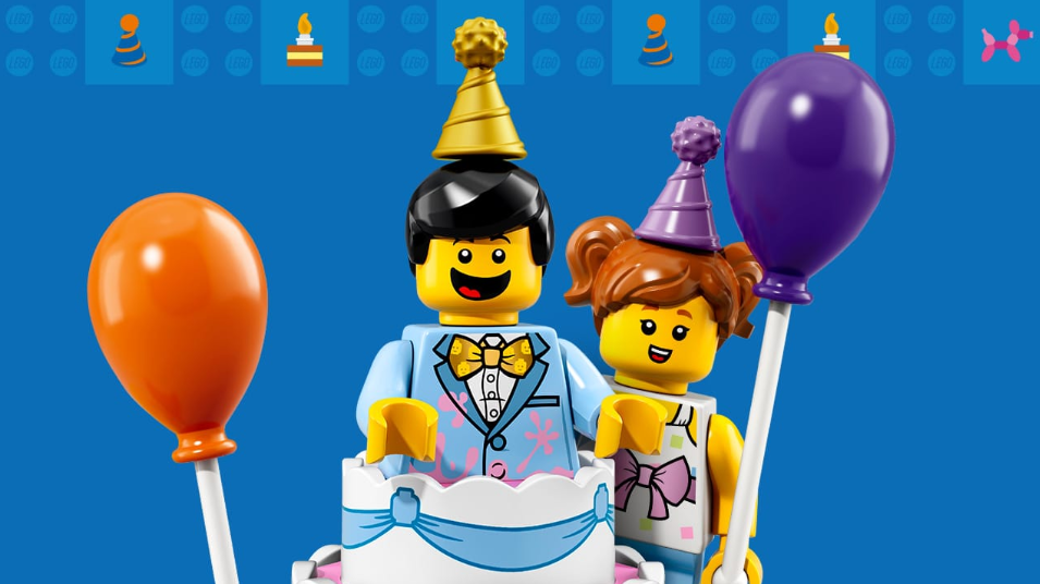 LEGO minifigures in party hats with balloons and a birthday cake against a blue background