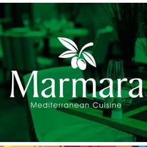 Marmara Mediterranean Cuisine logo with tables in the background