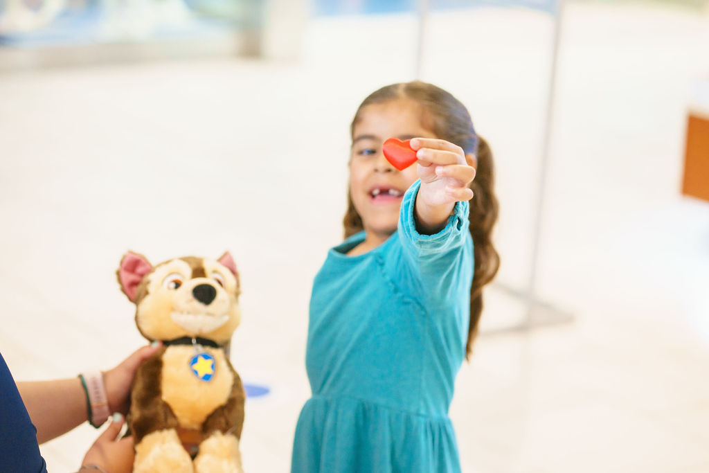 Little girl holding a heart and stuffed puppy animal. 