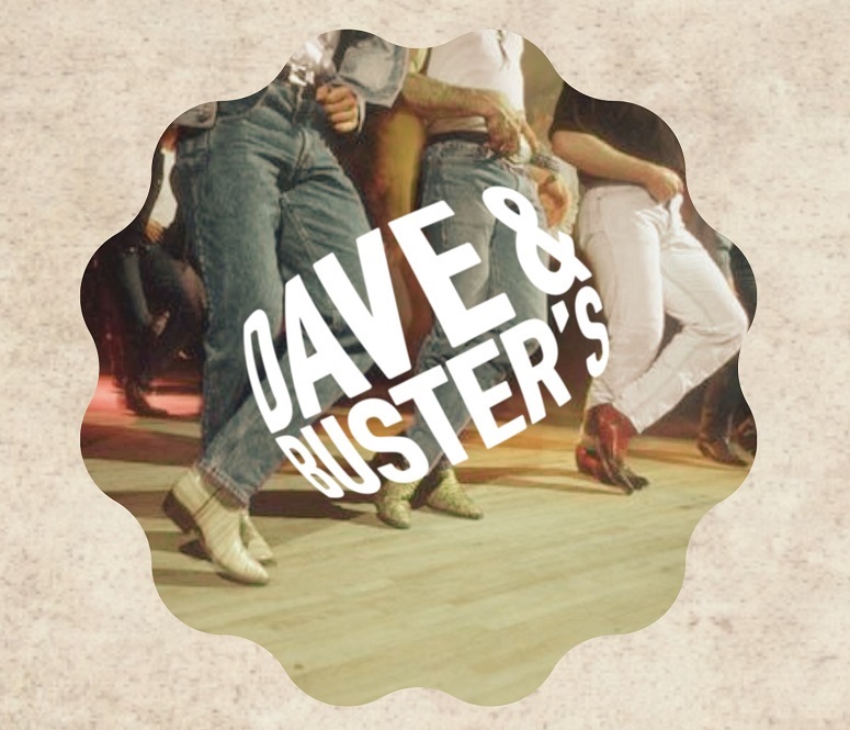 Dave & Busters logo and people country line dancing