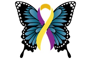 Blue Butterfly with a purple and yellow ribbon with the wording Stephanie Nicole Parze Foundation. 