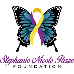 Stephanie Nicole Parze Foundation Logo - with a blue, black and white butterfly and purple and yellow ribbon.