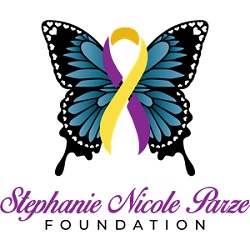 Butterfly with purple and yellow ribbon and words: Stephanie Nicole Parze Foundation