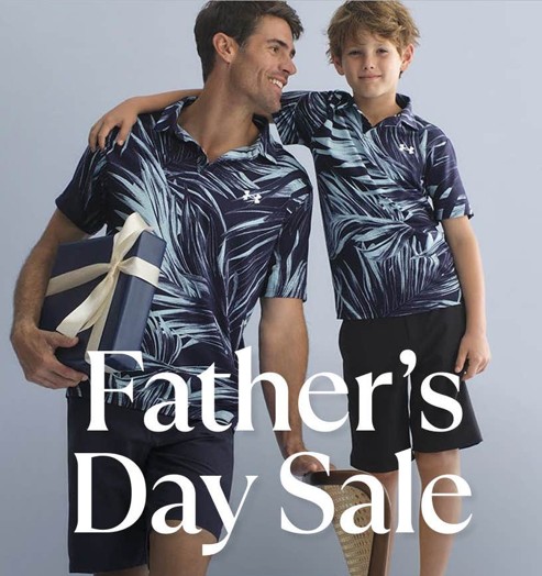 father and son in matching blue polos with palm pattern, looking at each other, text says Father's Day Sale
