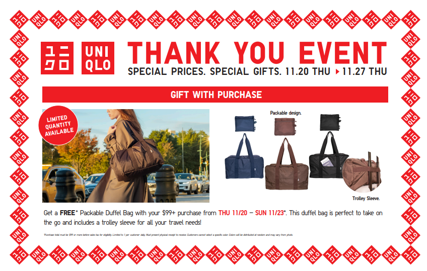 UNIQLO ad with duffel bags in different colors, a model carrying a duffel bag with a city backdrop