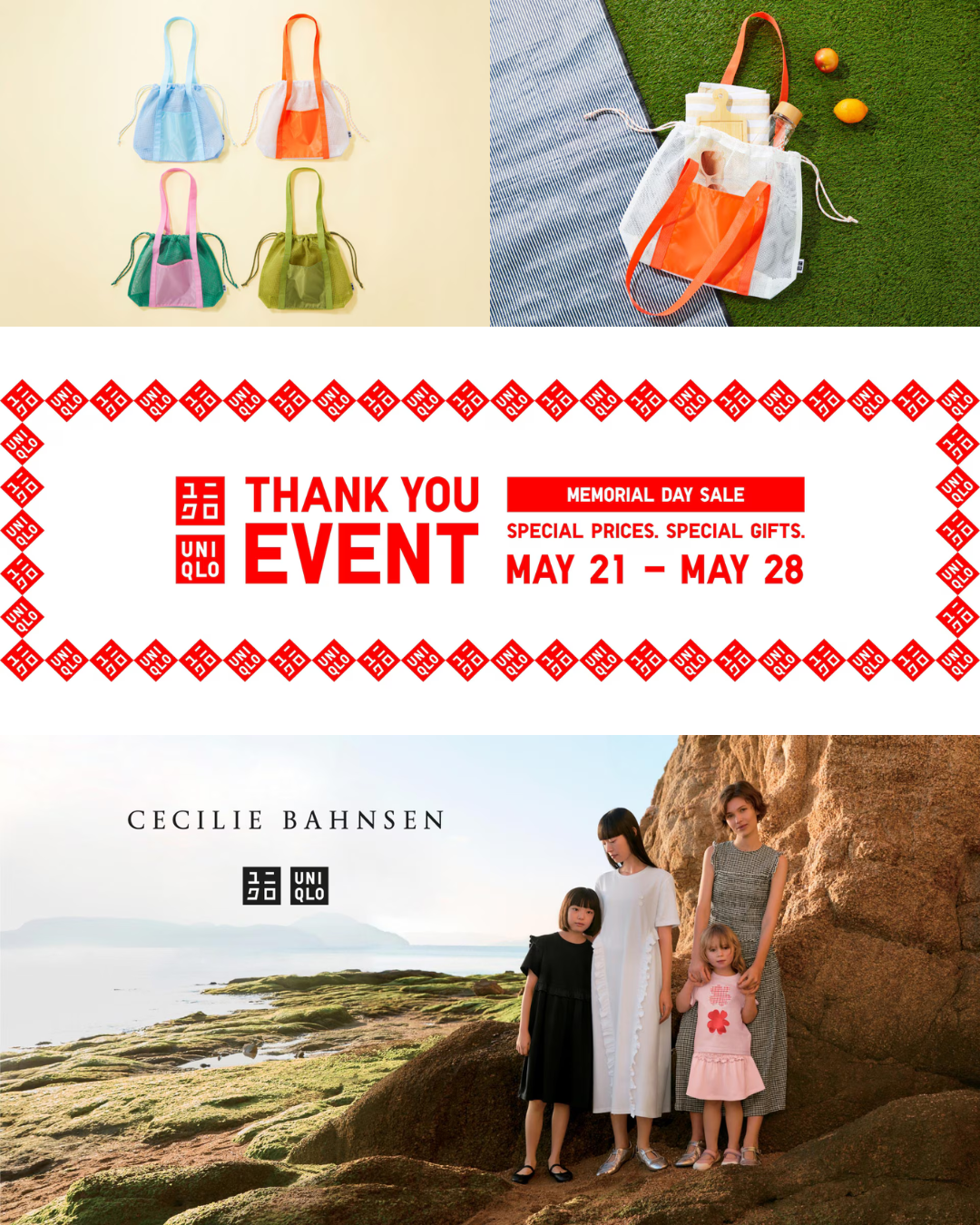 A flat lay image featuring a tote bag with “Thank You Event” text, event dates, and the UNIQLO logo alongside a promotional image for the UNIQLO x Cecilie Bahnsen collaboration, showing two women and two young girls wearing coordinated neutral-toned outfits.