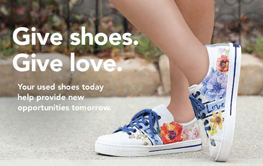 Give shoes. Give love. Shoes with flowers and "love"
