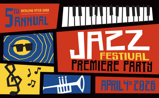5th Annual Kierland After Dark Jazz Festival Premiere Party on April 4, 2026, featuring bold red, blue, and yellow blocks with piano keys, a trumpet, music notes, and stylized “Jazz Festival” lettering.
