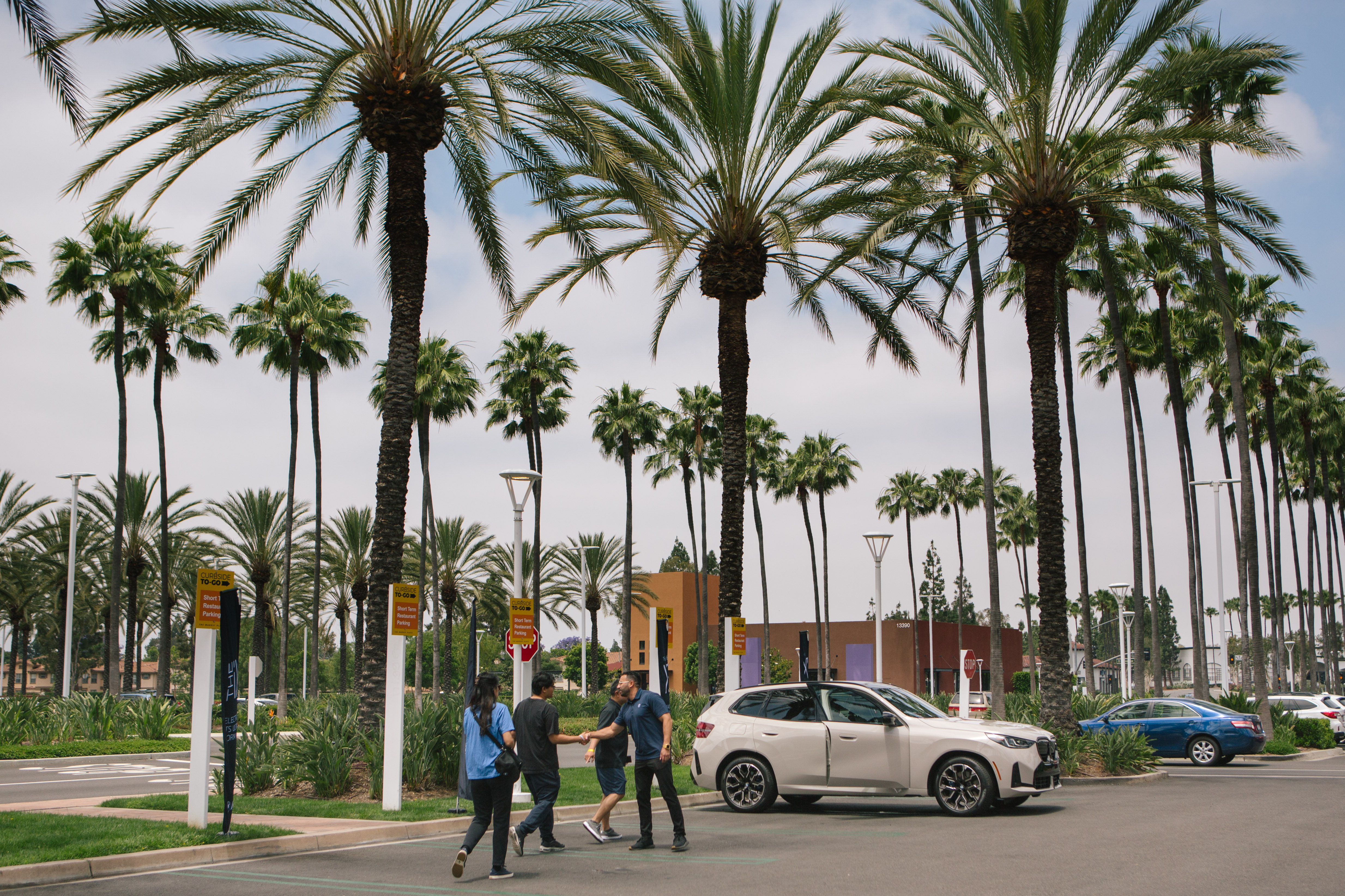 bmw car with man shaking hands with people walking up to the car with palm trees in the background