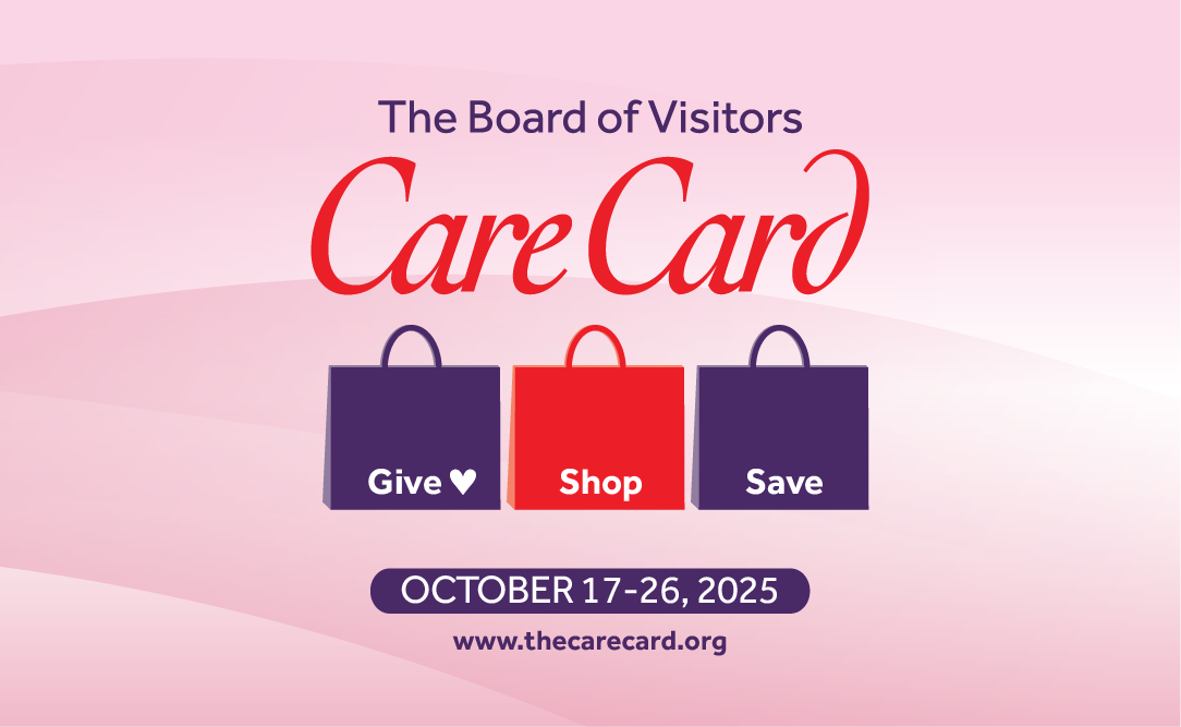 Graphic for The Board of Visitors Care Card event. Three shopping bags with text: Give, Shop, Save. Event dates October 17–26, 2025, with website www.thecarecard.org. 