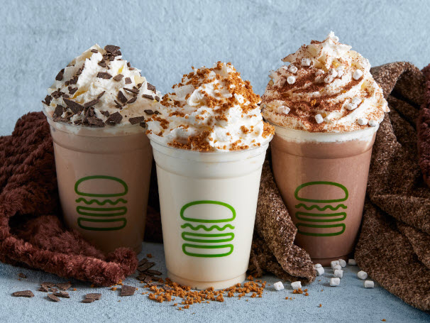 Shake Shack comfort trio shakes lined up on blue background