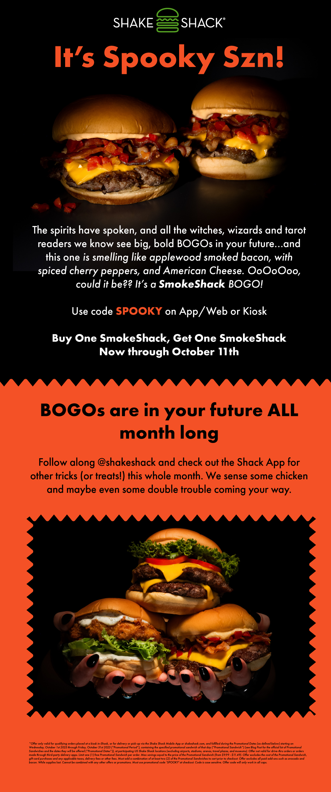 Spooky Szn at Shake Shack. Celebrate with BOGO deals all month long. 