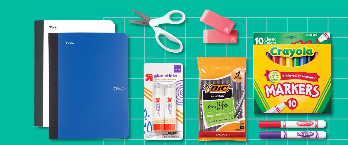 School accessories: Notebooks, scissors, erasers, markers and pens 