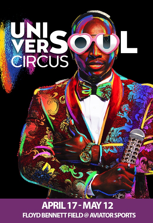 UniverSoul Circus 2019 April 17-May 12 at Floyd Bennett Field Man in colorful jacket holding microphone
