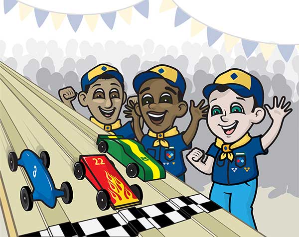 Pinewood Derby boys racing toy cars
