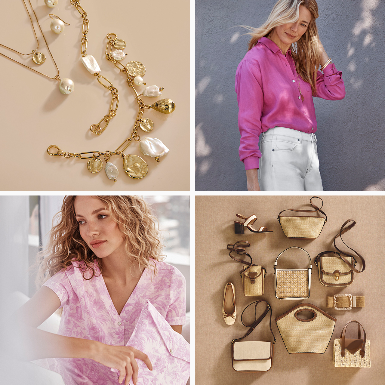 four images: one with jewelry, one with blonde woman with pink blouse and white jeans, one with blonde woman with pink pattern pajamas, one with a flat lay of summer bags, shoes and belts.