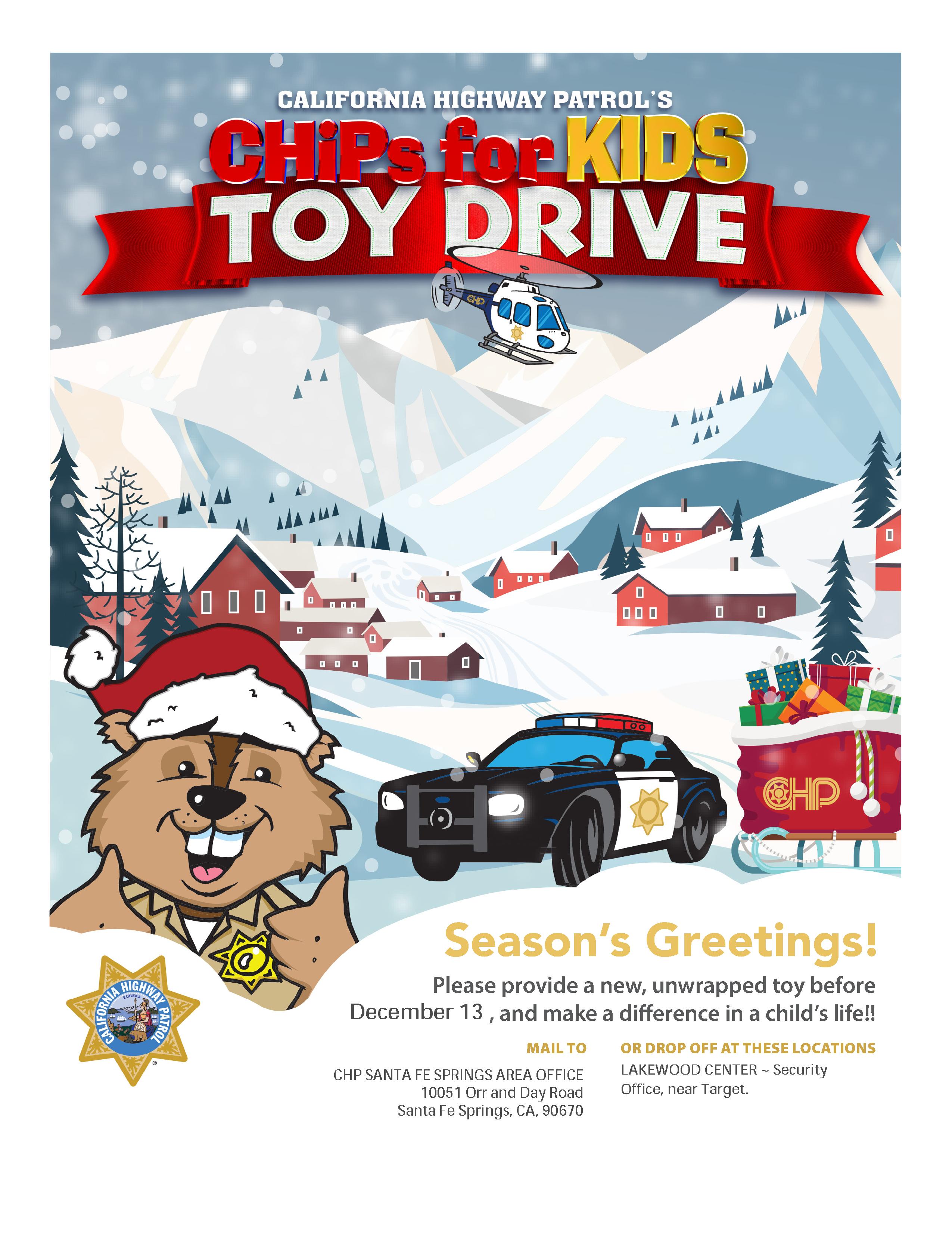 Season's Greetings!

Please provide a new, unwrapped toy before December 13th, and make a difference in a child's life.

Toys can be dropped off at the Lakewood Center Security Office located near Sbarro. 

Call 562.452.4319 for more information on how you can donate.