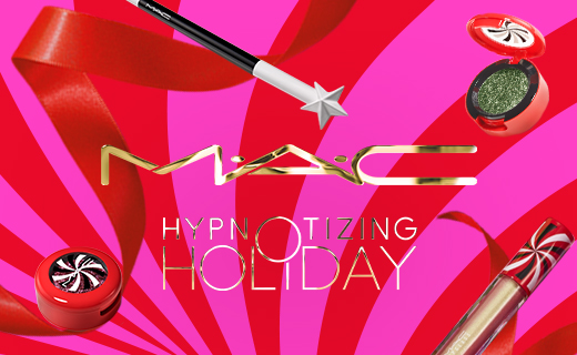 MAC Hypnotizing Holiday MAC Cosmetics Products floating on a bright multi-colored background.