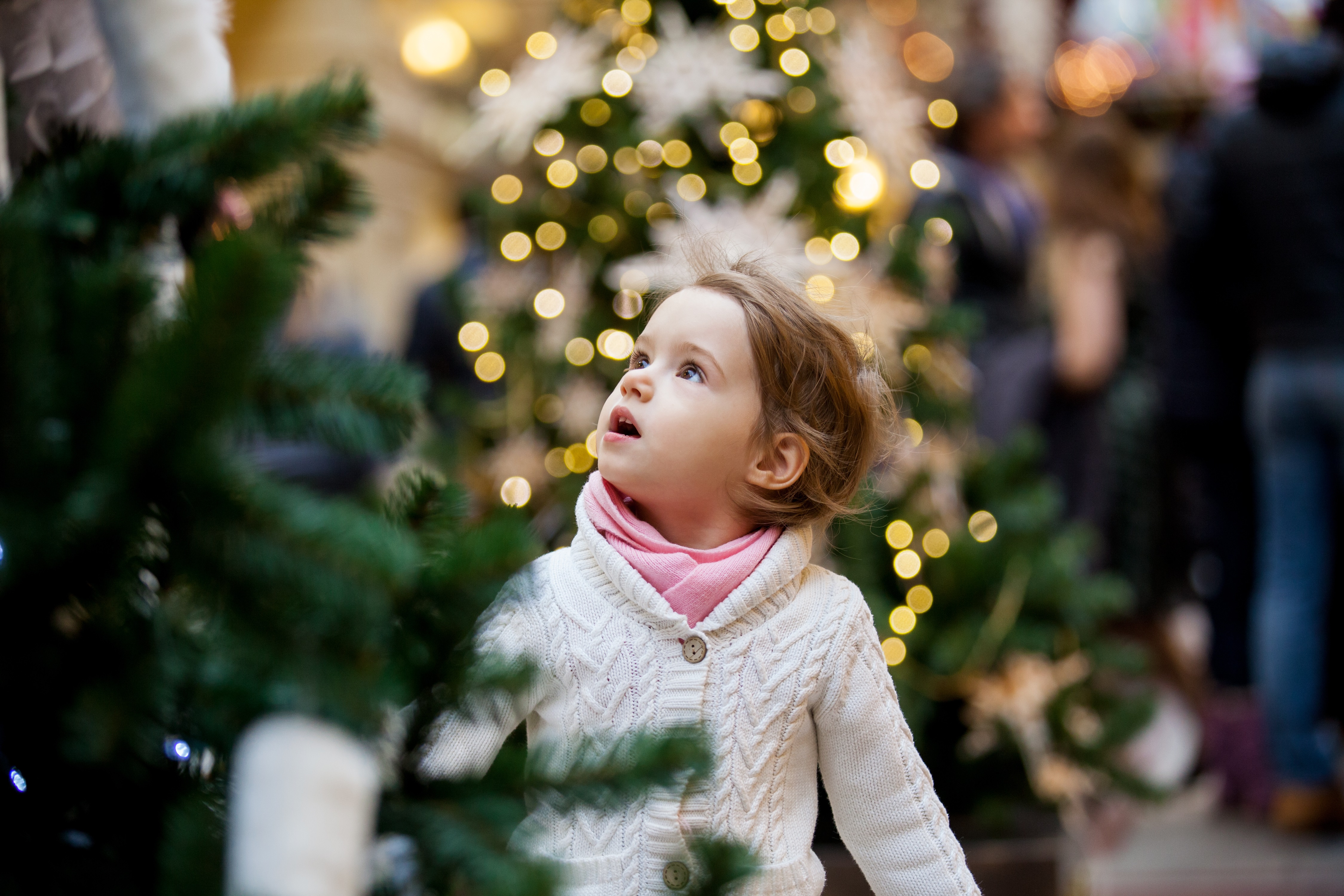 child looking up at a Christmas Tree in awe